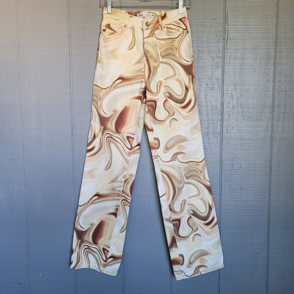 Zara Mid-Rise Abstract Swirl Print Straight-Leg Jeans. Size 2 - Picture 2 of 9